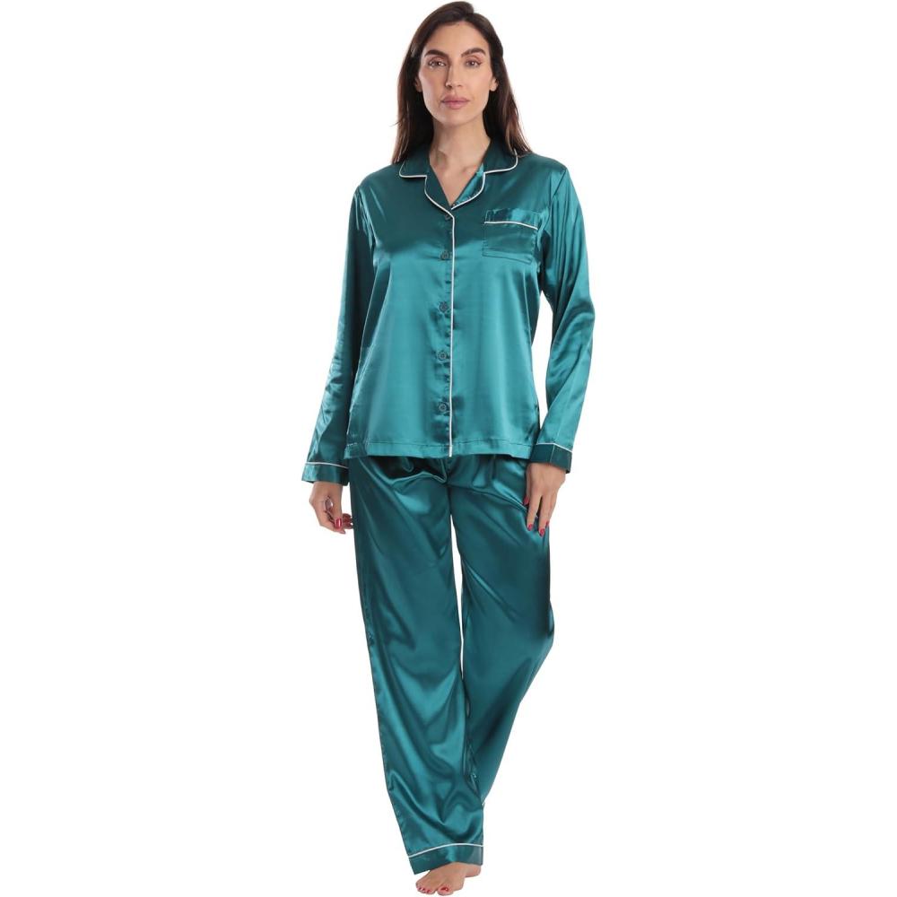 imageJust Love Satin Pajama Set for Women Long Sleeve Button Down Womens Pajama Sets Soft Loungewear amp Sleepwear Sizes S3XSatin Peacock Stretch Fabric