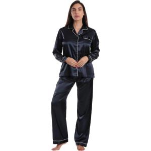 Just Love Satin Pajama Set for Women – Long Sleeve Button Down Womens Pajama Sets – Soft Loungewear & Sleepwear Sizes (S-3X)(Satin Navy Stretch Fabric)