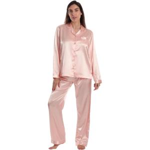 Just Love Satin Pajama Set for Women – Long Sleeve Button Down Womens Pajama Sets – Soft Loungewear & Sleepwear Sizes (S-3X)(Satin Peachy Pink Stretch Fabric)