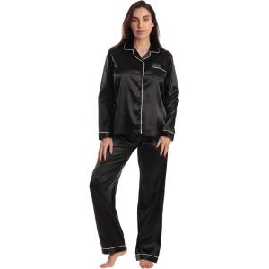 Just Love Satin Pajama Set for Women – Long Sleeve Button Down Womens Pajama Sets – Soft Loungewear & Sleepwear Sizes (S-3X)(Satin Solid Black Stretch Fabric)