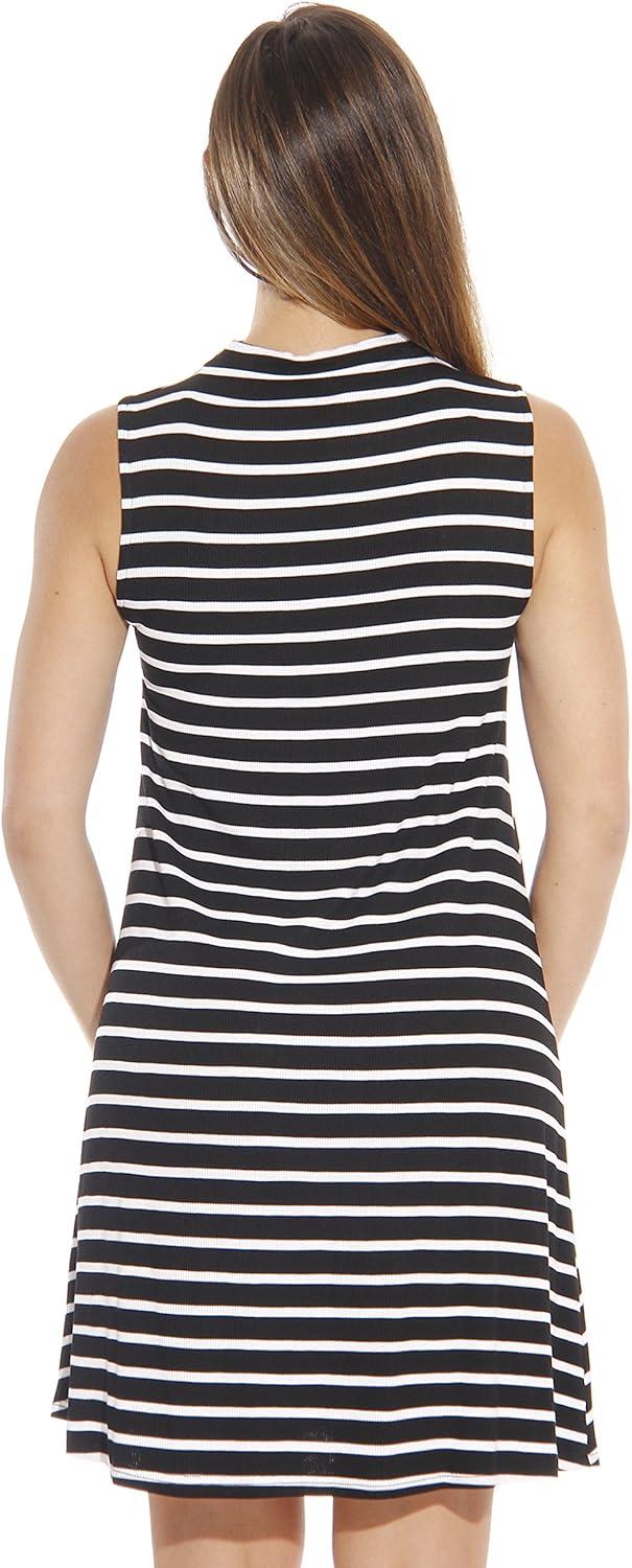 imageJust Love Striped Ribbed Mock Neck Summer Dress with A Line CutBlack White