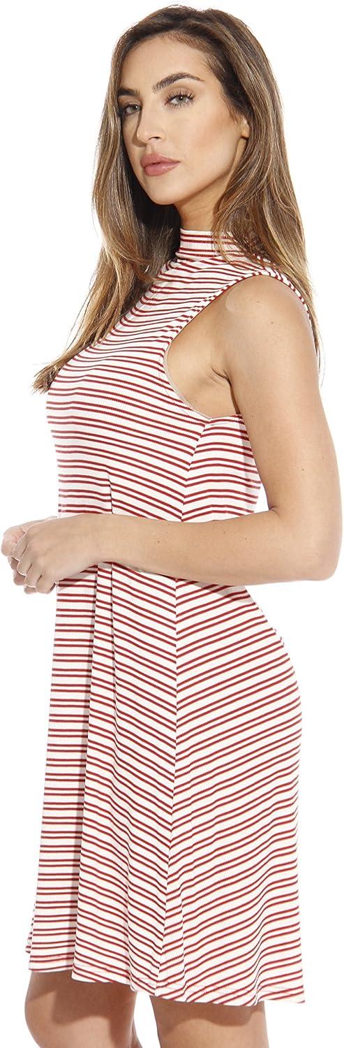 imageJust Love Striped Ribbed Mock Neck Summer Dress with A Line CutCream Rust