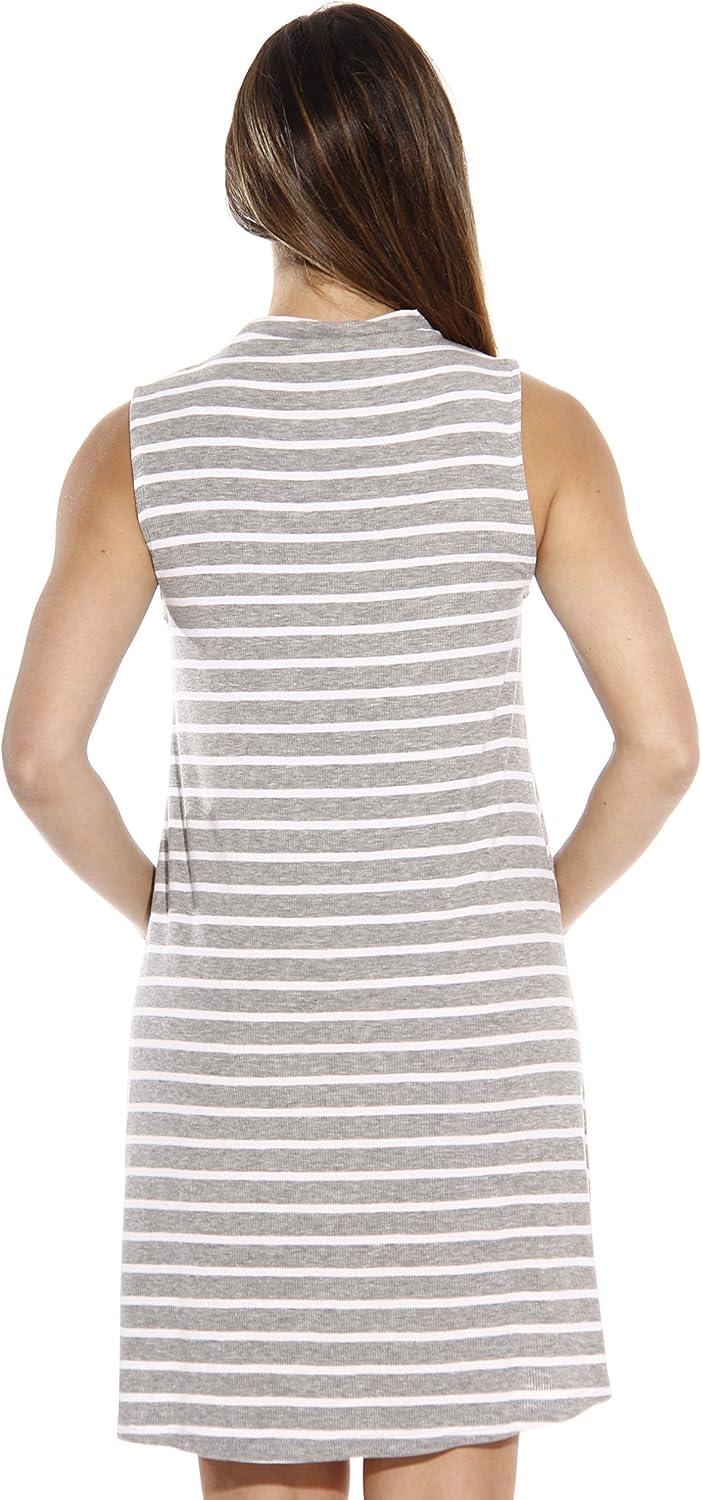 imageJust Love Striped Ribbed Mock Neck Summer Dress with A Line CutGrey White