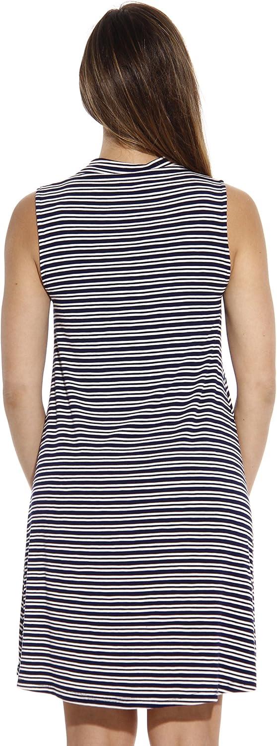 imageJust Love Striped Ribbed Mock Neck Summer Dress with A Line CutNavy Cream