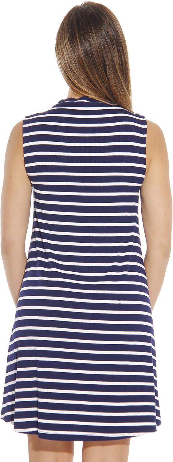 imageJust Love Striped Ribbed Mock Neck Summer Dress with A Line CutNavy White