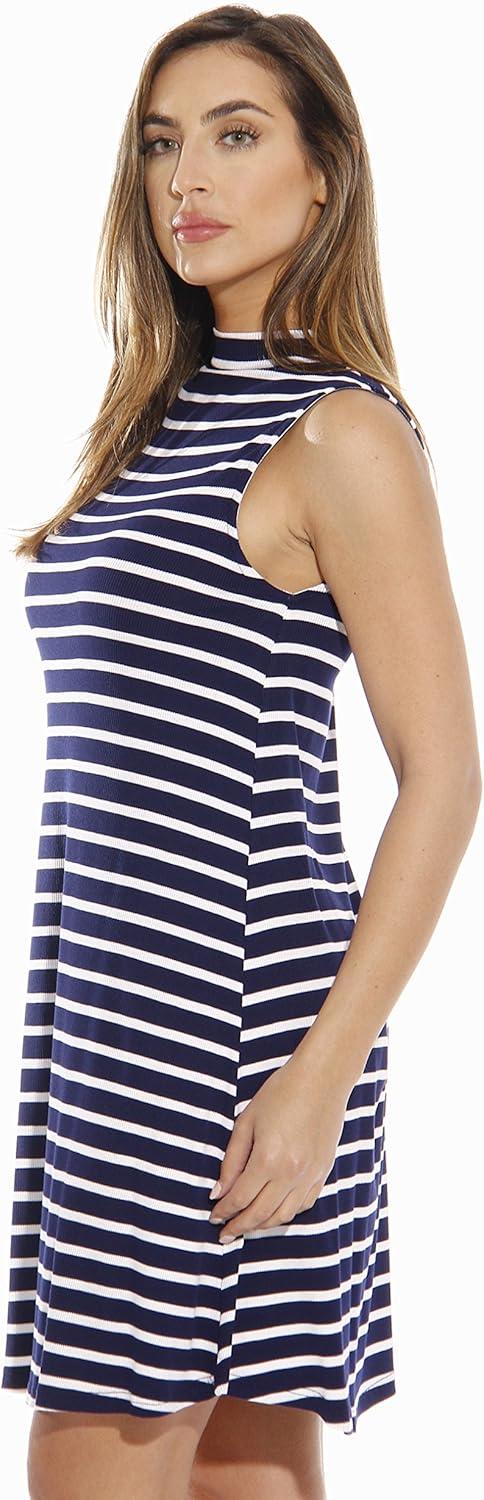 imageJust Love Striped Ribbed Mock Neck Summer Dress with A Line CutNavy White