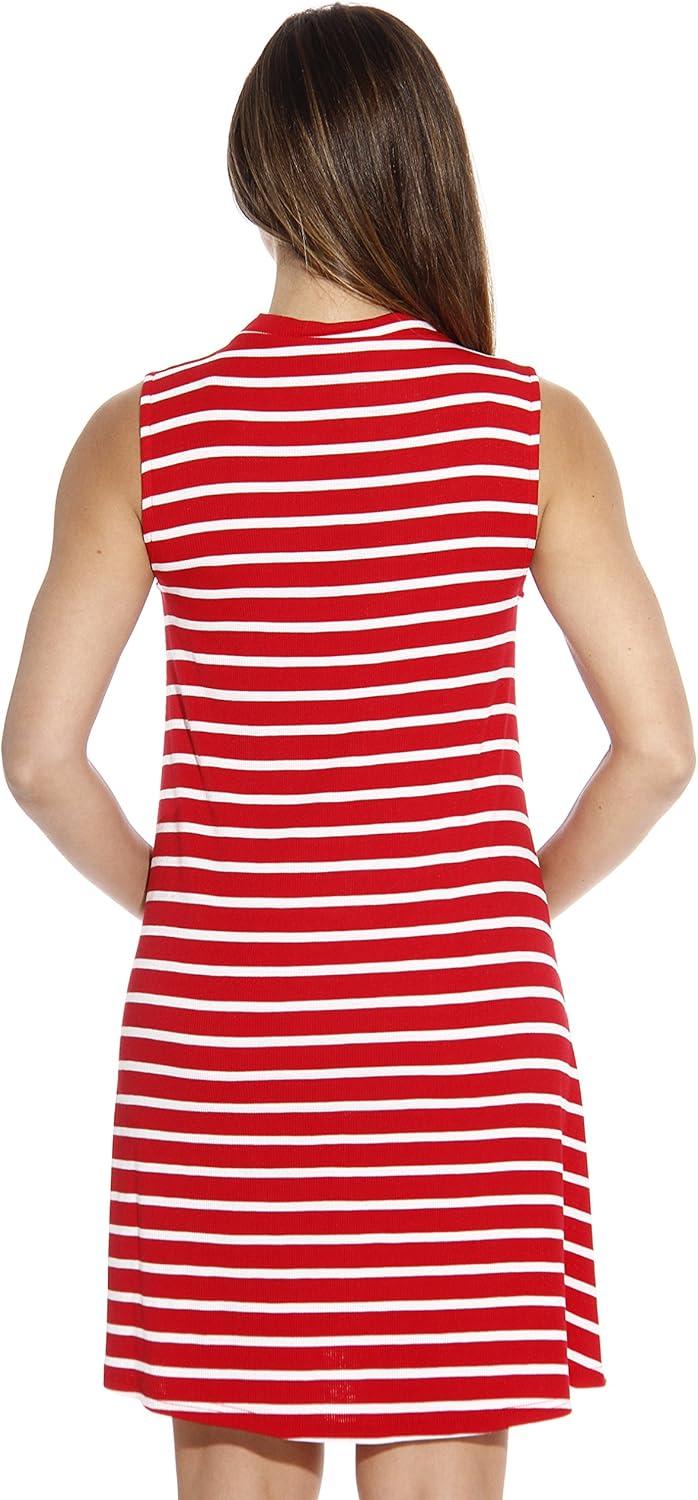 imageJust Love Striped Ribbed Mock Neck Summer Dress with A Line CutRed White