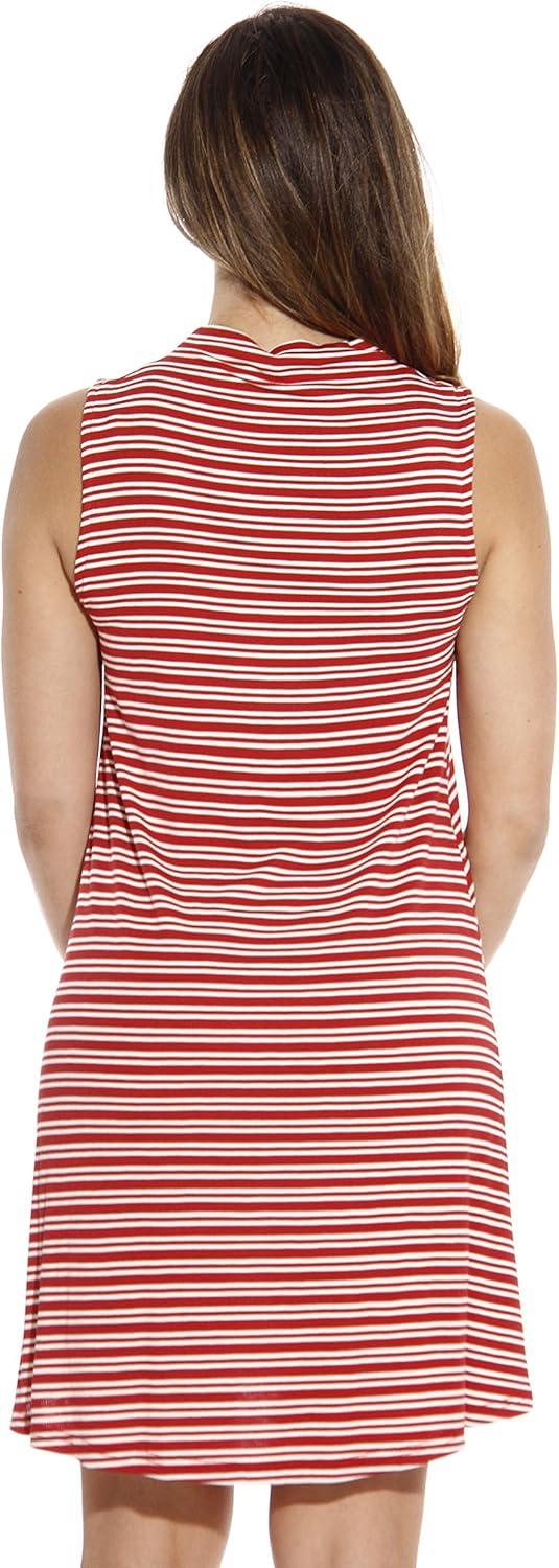 imageJust Love Striped Ribbed Mock Neck Summer Dress with A Line CutRust Cream