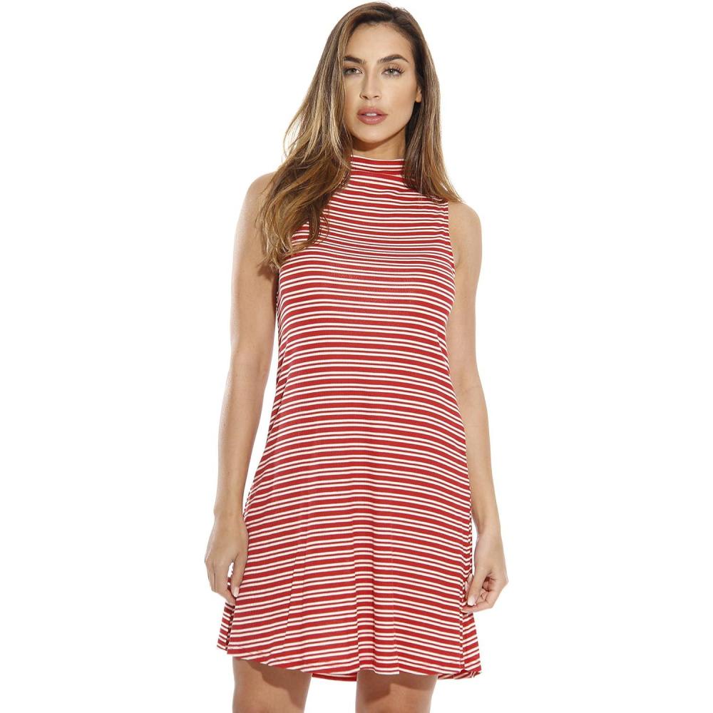 imageJust Love Striped Ribbed Mock Neck Summer Dress with A Line CutRust Cream