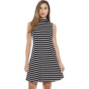 Just Love Striped Ribbed Mock Neck Summer Dress with A Line Cut(Black / White)
