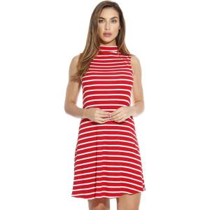 Just Love Striped Ribbed Mock Neck Summer Dress with A Line Cut(Red / White)
