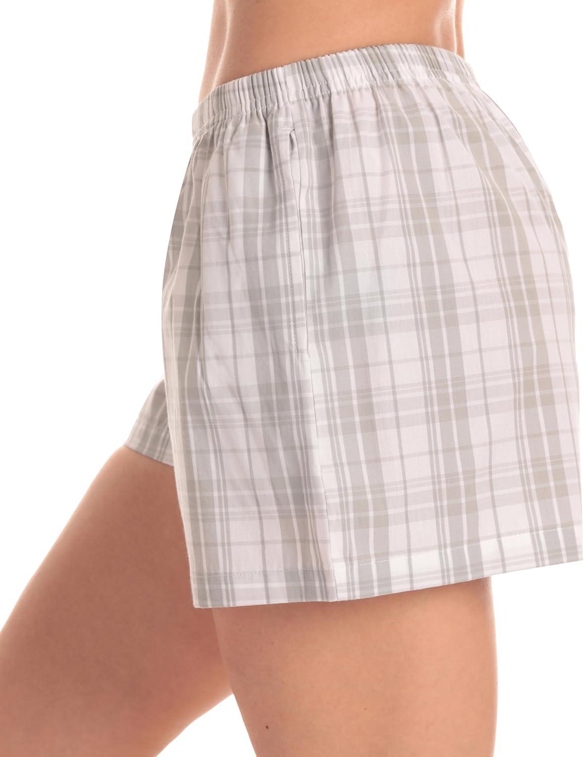 imageJust Love Womens Cotton Boxer Shorts with Pockets 100 Cotton Sleep Lounge amp Casual Shorts Prints amp PlaidsPlaid Grey White