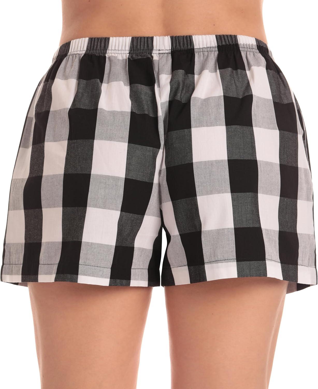 imageJust Love Womens Cotton Boxer Shorts with Pockets 100 Cotton Sleep Lounge amp Casual Shorts Prints amp PlaidsWhite Black Buffalo Plaid