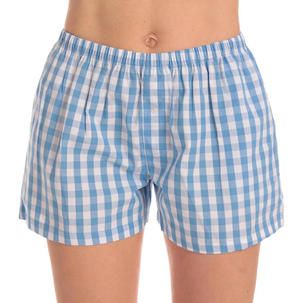 imageJust Love Womens Cotton Boxer Shorts with Pockets 100 Cotton Sleep Lounge amp Casual Shorts Prints amp PlaidsGingham Check Blue