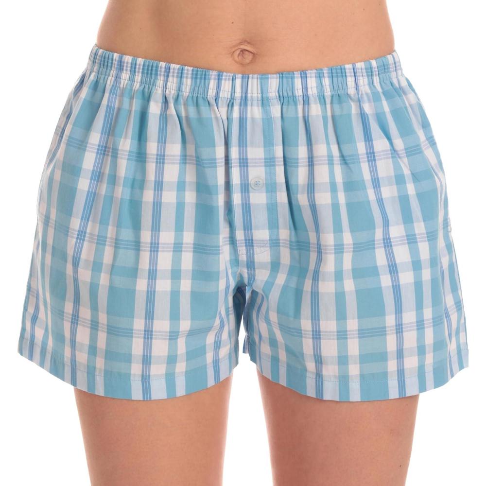 imageJust Love Womens Cotton Boxer Shorts with Pockets 100 Cotton Sleep Lounge amp Casual Shorts Prints amp PlaidsPlaid Blue White