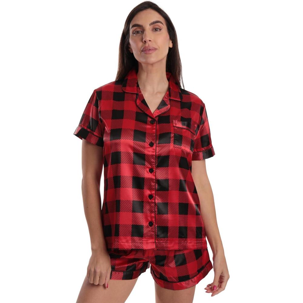imageJust Love Womens Pajama SetSatin Red Black Buffalo Plaid