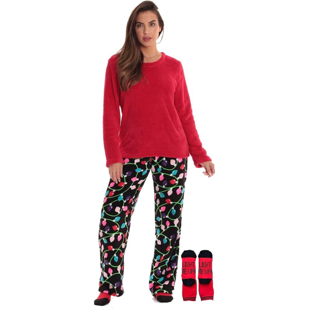 imageJust Love UltraSoft Womens Pajama Pant Set Nightgown with Matching SocksChristmas Lights Black