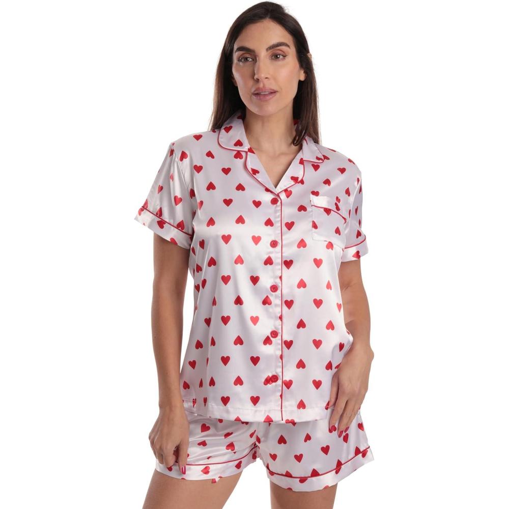 imageJust Love Satin Pajama Set for Women Long Sleeve Button Down Womens Pajama Sets Soft Loungewear amp Sleepwear Sizes S3XSatin Simple Heart