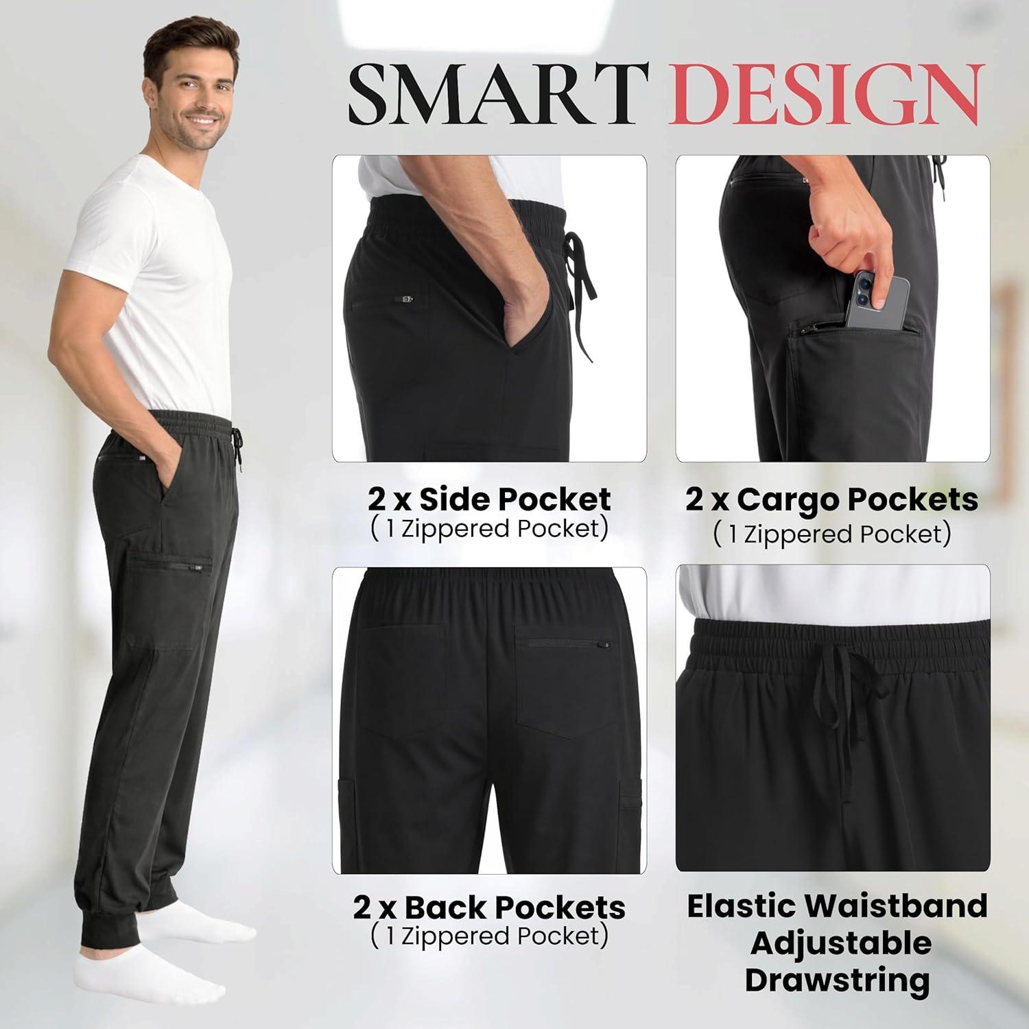 imageJust Love Mens Jogger Scrub Pants 6 Pocket 4Way Stretch Slim Fit Medical Uniform Elastic Waist Work PantsBlack Stretch Fabric