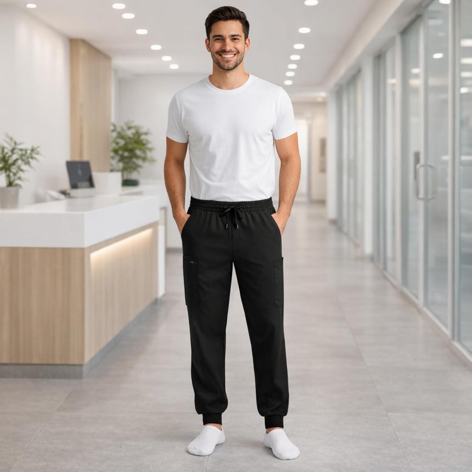 imageJust Love Mens Jogger Scrub Pants 6 Pocket 4Way Stretch Slim Fit Medical Uniform Elastic Waist Work PantsBlack Stretch Fabric
