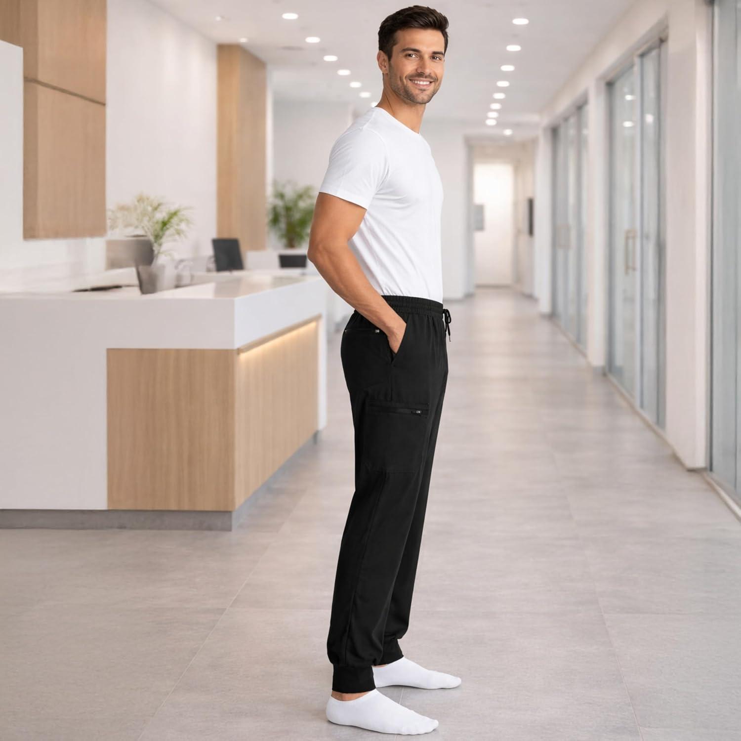 imageJust Love Mens Jogger Scrub Pants 6 Pocket 4Way Stretch Slim Fit Medical Uniform Elastic Waist Work PantsBlack Stretch Fabric