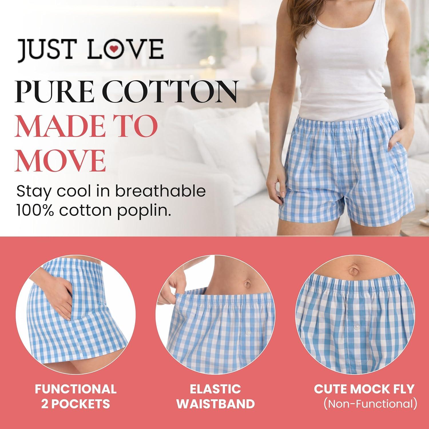 imageJust Love Womens Cotton Boxer Shorts Woven Poplin Pajama amp Lounge Sleep Shorts Elastic Waist with PocketsGingham Check Blue