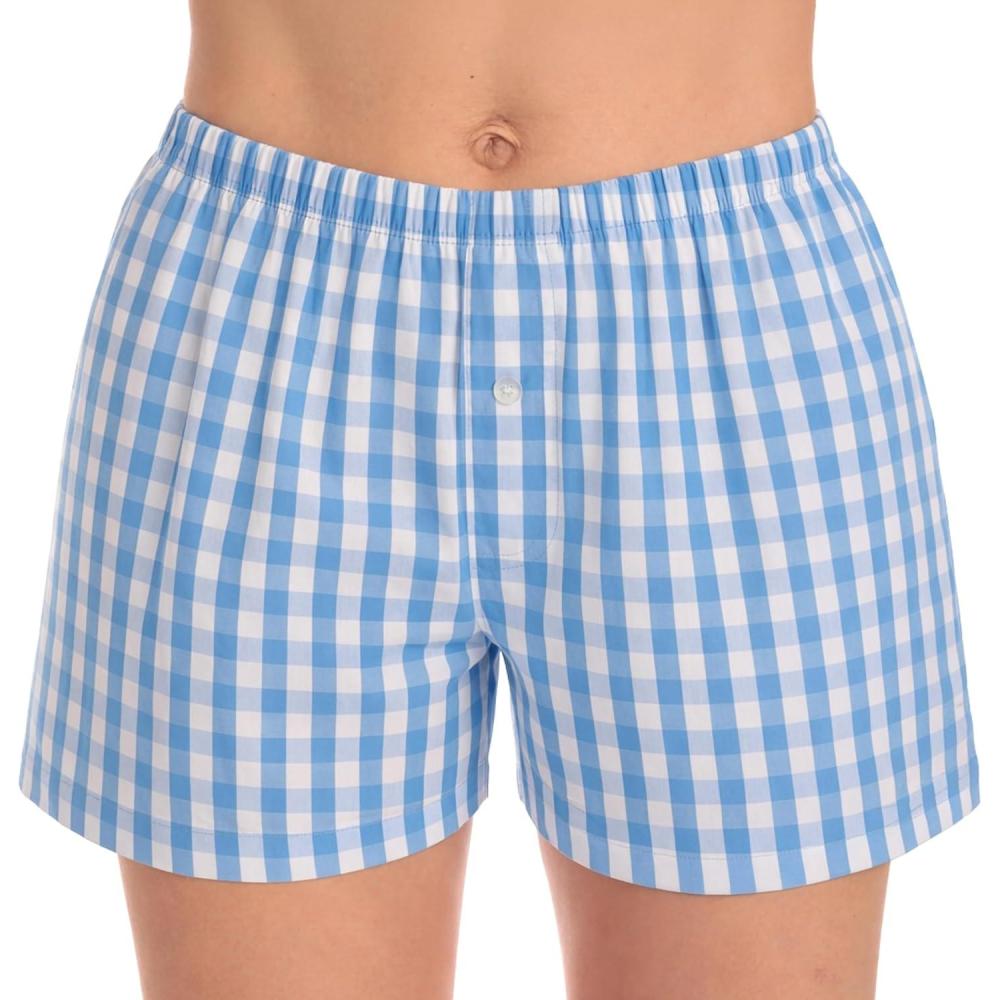 imageJust Love Womens Cotton Boxer Shorts Woven Poplin Pajama amp Lounge Sleep Shorts Elastic Waist with PocketsGingham Check Blue