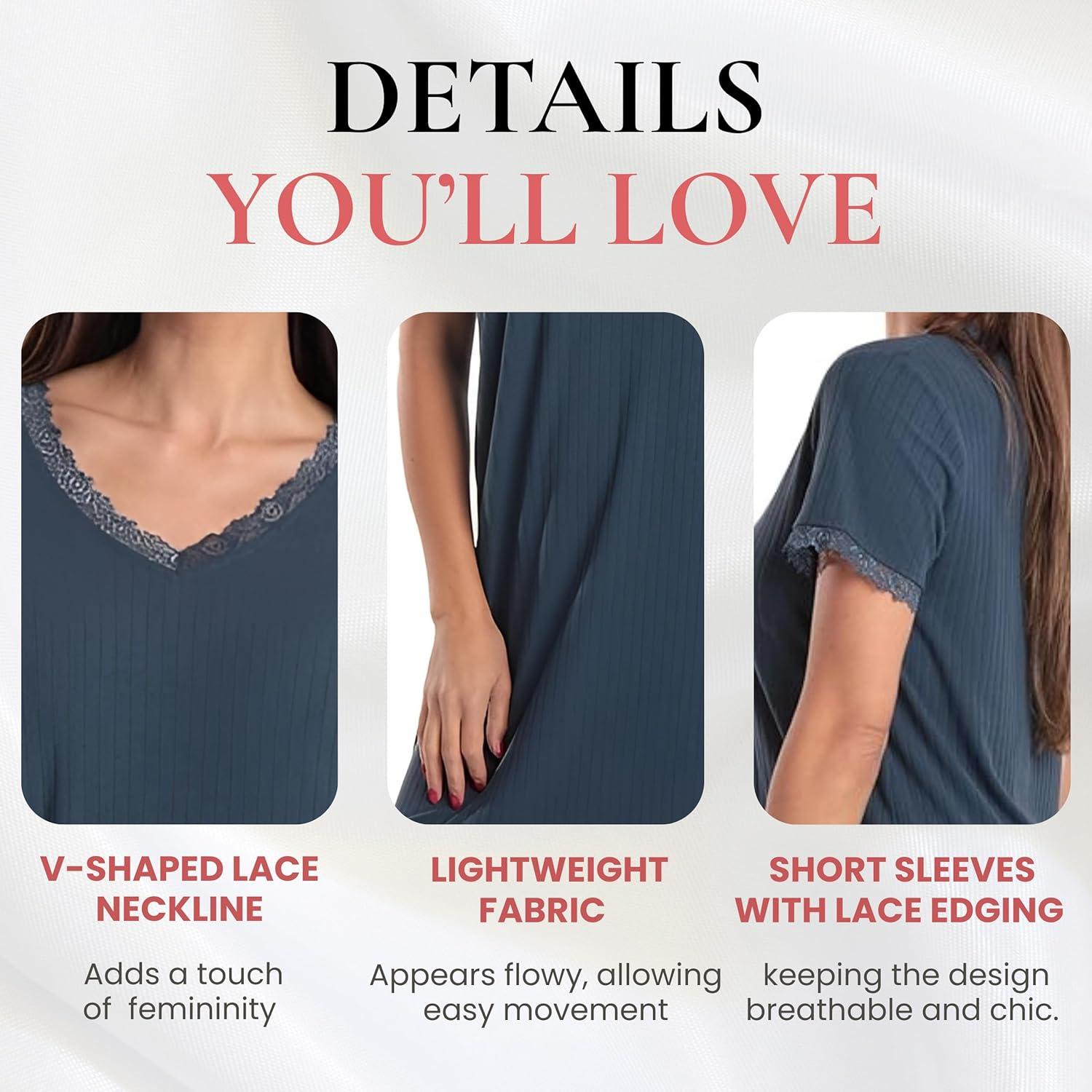 imageJust Love Womens Lace Trim Nightgown Soft Stretch Short Sleeve Sleep Shirt Lightweight Breathable Lounge Dress S3XSolid Navy