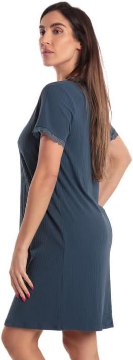 imageJust Love Womens Lace Trim Nightgown Soft Stretch Short Sleeve Sleep Shirt Lightweight Breathable Lounge Dress S3XSolid Navy