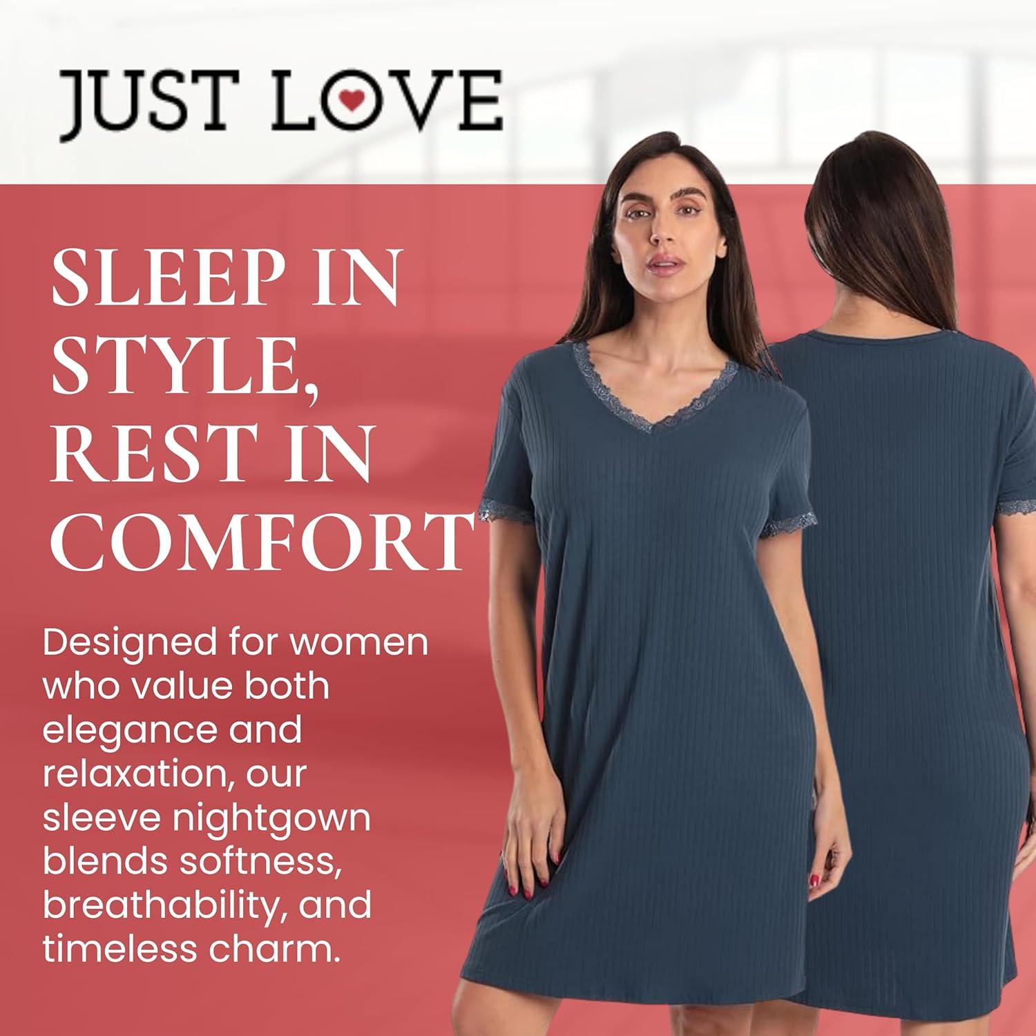 imageJust Love Womens Lace Trim Nightgown Soft Stretch Short Sleeve Sleep Shirt Lightweight Breathable Lounge Dress S3XSolid Navy