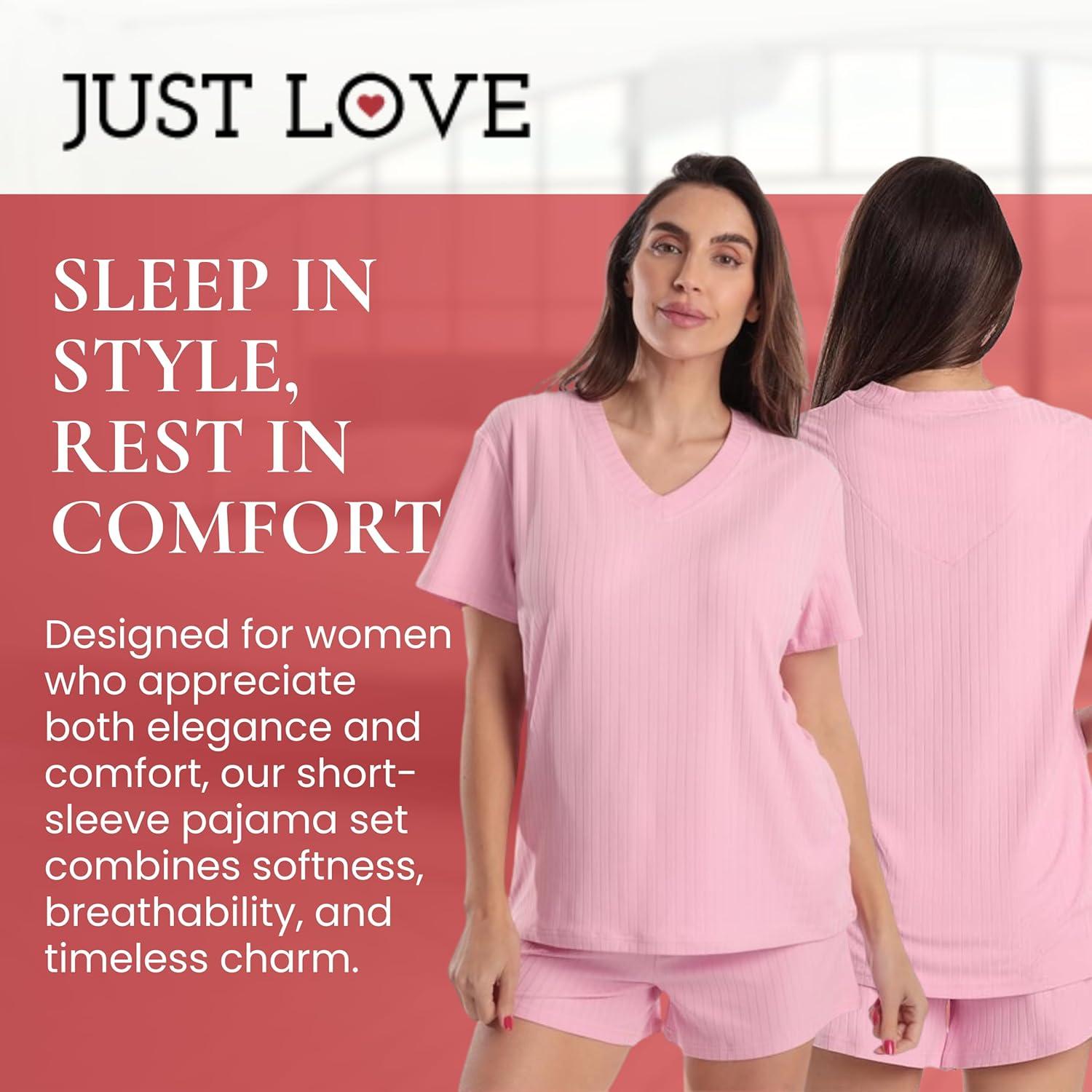 imageJust Love Womens Pajama Short Set Soft Stretch Jersey PJs VNeck Top amp Lounge Shorts Sizes S3XSolid Pink