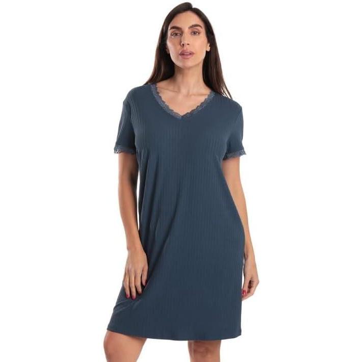 imageJust Love Womens Lace Trim Nightgown Soft Stretch Short Sleeve Sleep Shirt Lightweight Breathable Lounge Dress S3XSolid Navy
