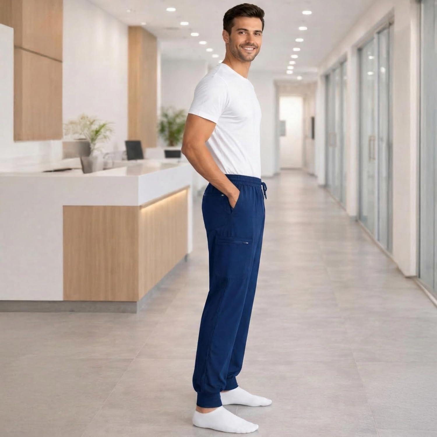 imageJust Love Mens Jogger Scrub Pants 6Pocket 4Way Stretch Slim Fit Medical Uniform Bottoms with DrawstringNavy Stretch Fabric