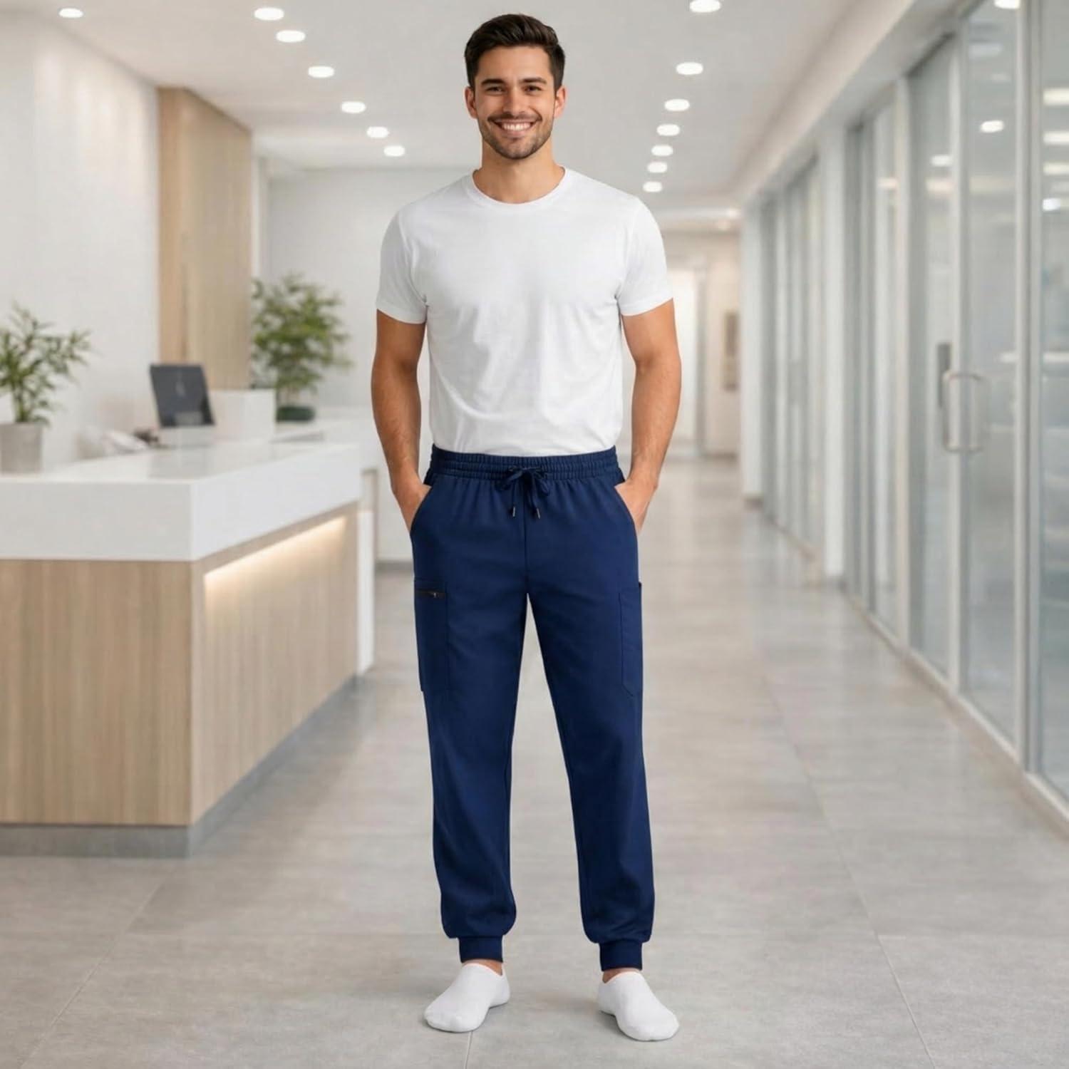 imageJust Love Mens Jogger Scrub Pants 6Pocket 4Way Stretch Slim Fit Medical Uniform Bottoms with DrawstringNavy Stretch Fabric