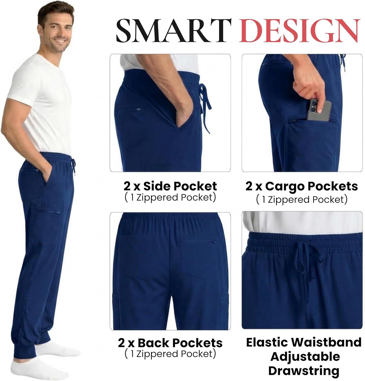 imageJust Love Mens Jogger Scrub Pants 6Pocket 4Way Stretch Slim Fit Medical Uniform Bottoms with DrawstringNavy Stretch Fabric