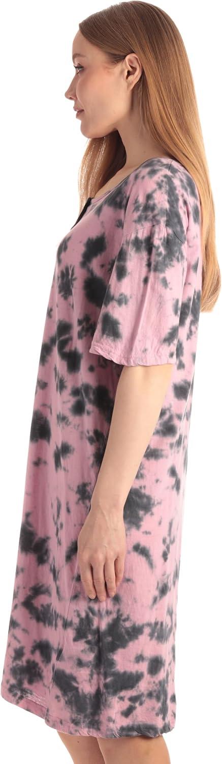 imageJust Love Womens Tie Dye Nightgown 100 Cotton Short Sleeve Henley Sleep ShirtTie Dye Black Pink