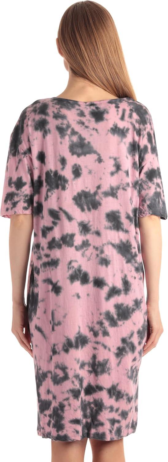 imageJust Love Womens Tie Dye Nightgown 100 Cotton Short Sleeve Henley Sleep ShirtTie Dye Black Pink