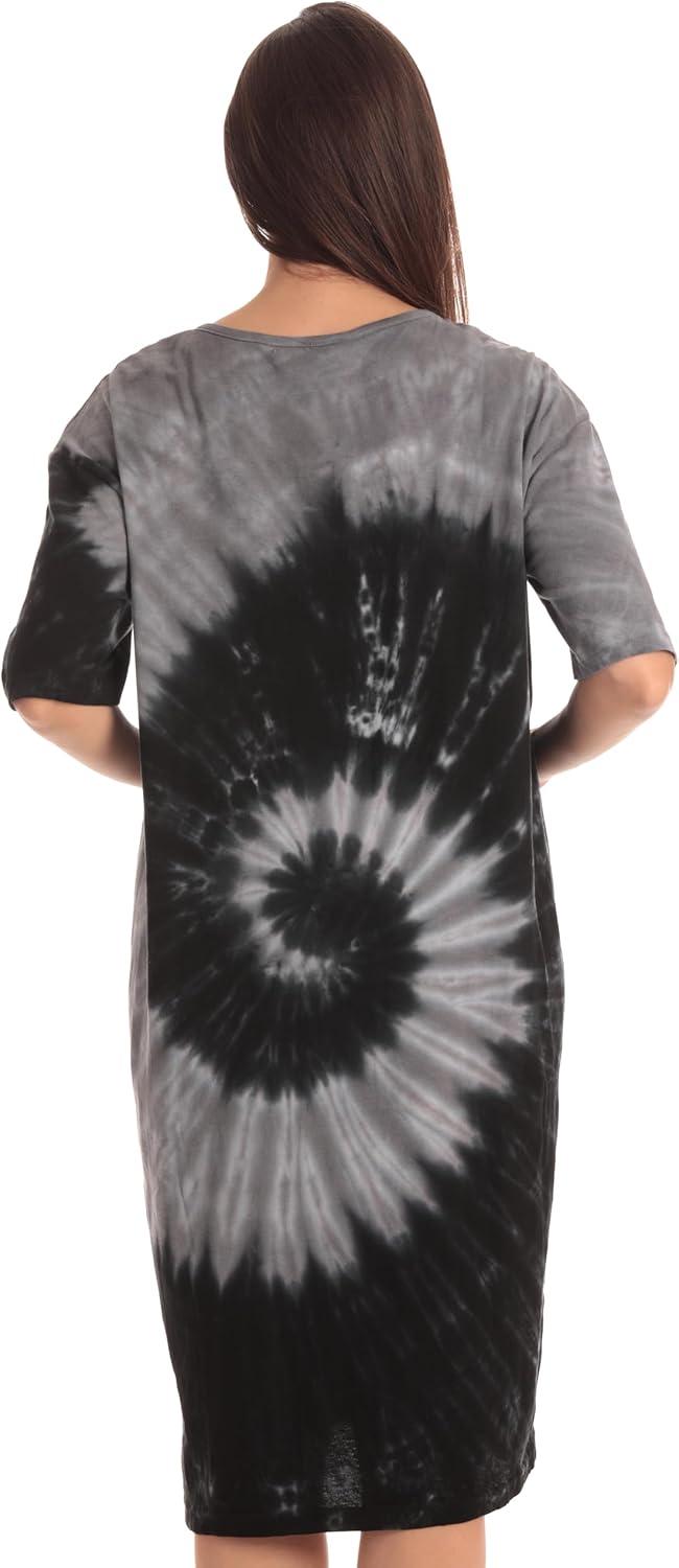 imageJust Love Womens Tie Dye Nightgown 100 Cotton Short Sleeve Henley Sleep ShirtTie Dye Black Swirl