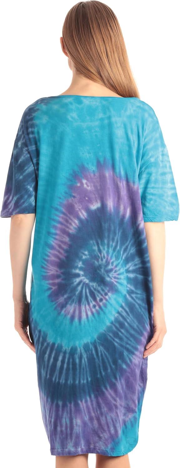imageJust Love Womens Tie Dye Nightgown 100 Cotton Short Sleeve Henley Sleep ShirtTie Dye Blue Purple Swirl