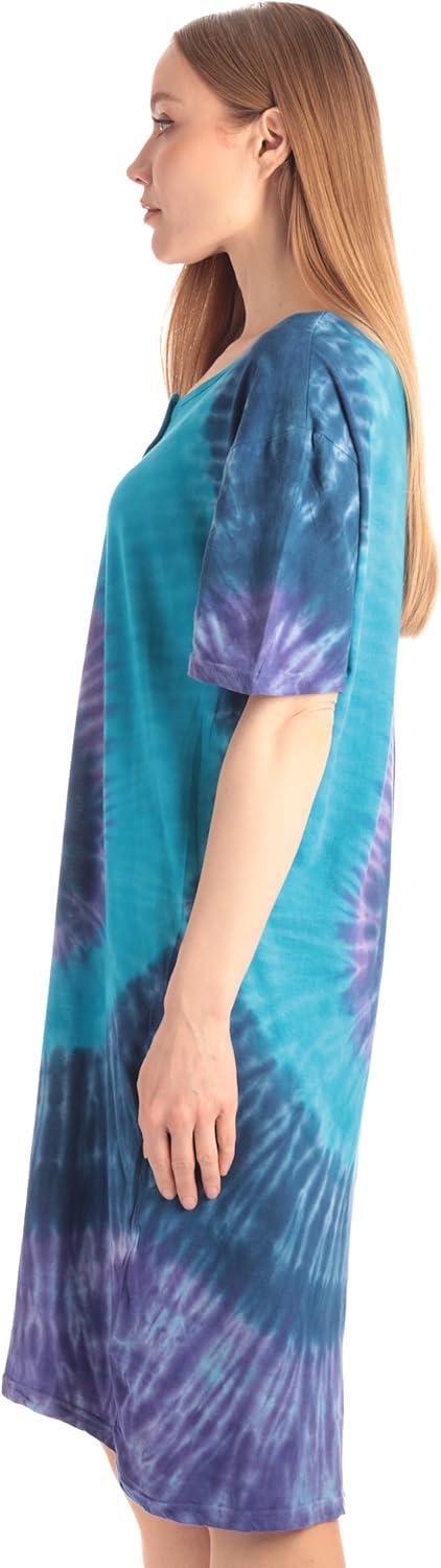 imageJust Love Womens Tie Dye Nightgown 100 Cotton Short Sleeve Henley Sleep ShirtTie Dye Blue Purple Swirl