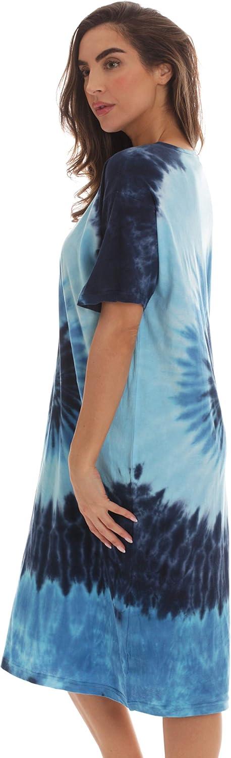 imageJust Love Womens Tie Dye Nightgown 100 Cotton Short Sleeve Henley Sleep ShirtTie Dye Blue Swirl