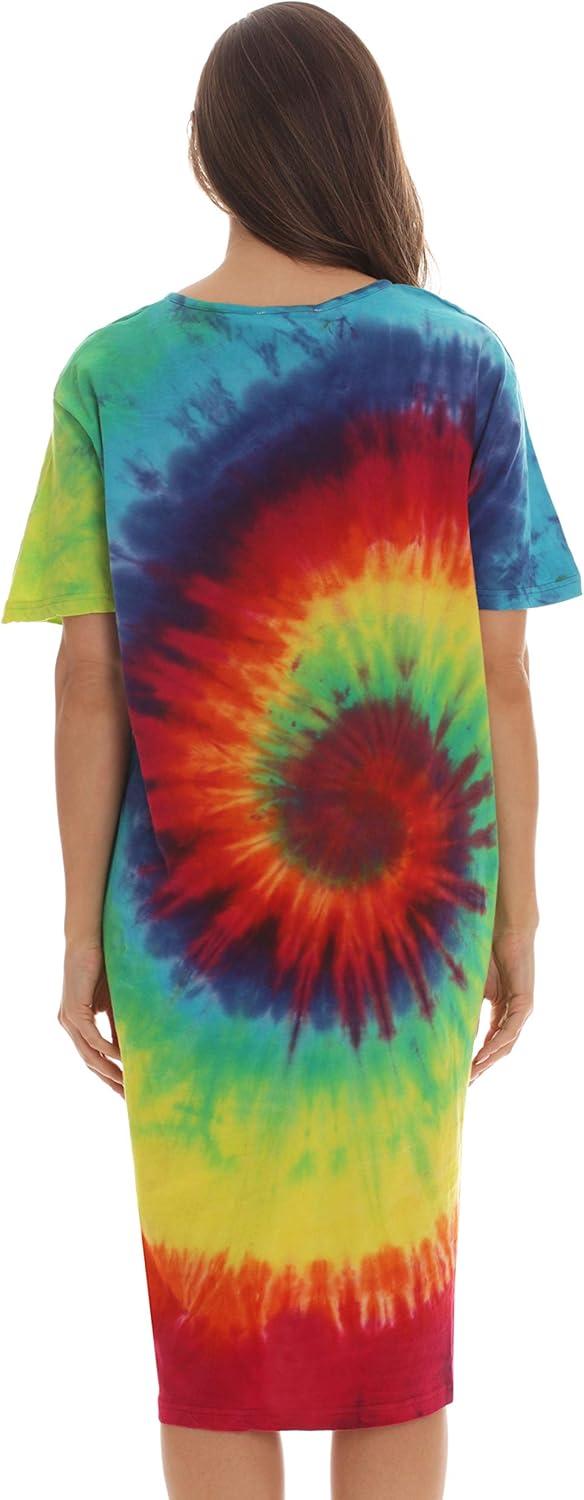 imageJust Love Womens Tie Dye Nightgown 100 Cotton Short Sleeve Henley Sleep ShirtTie Dye Bright Swirl