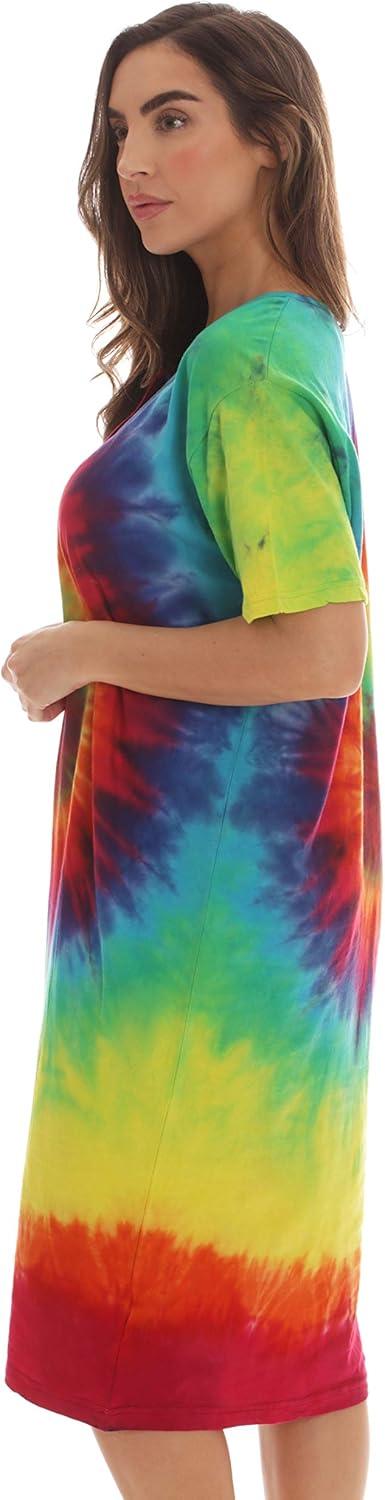 imageJust Love Womens Tie Dye Nightgown 100 Cotton Short Sleeve Henley Sleep ShirtTie Dye Bright Swirl