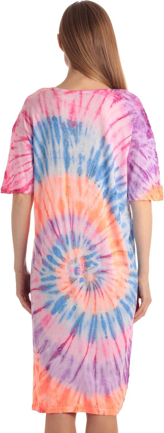 imageJust Love Womens Tie Dye Nightgown 100 Cotton Short Sleeve Henley Sleep ShirtTie Dye Colorful Swirl