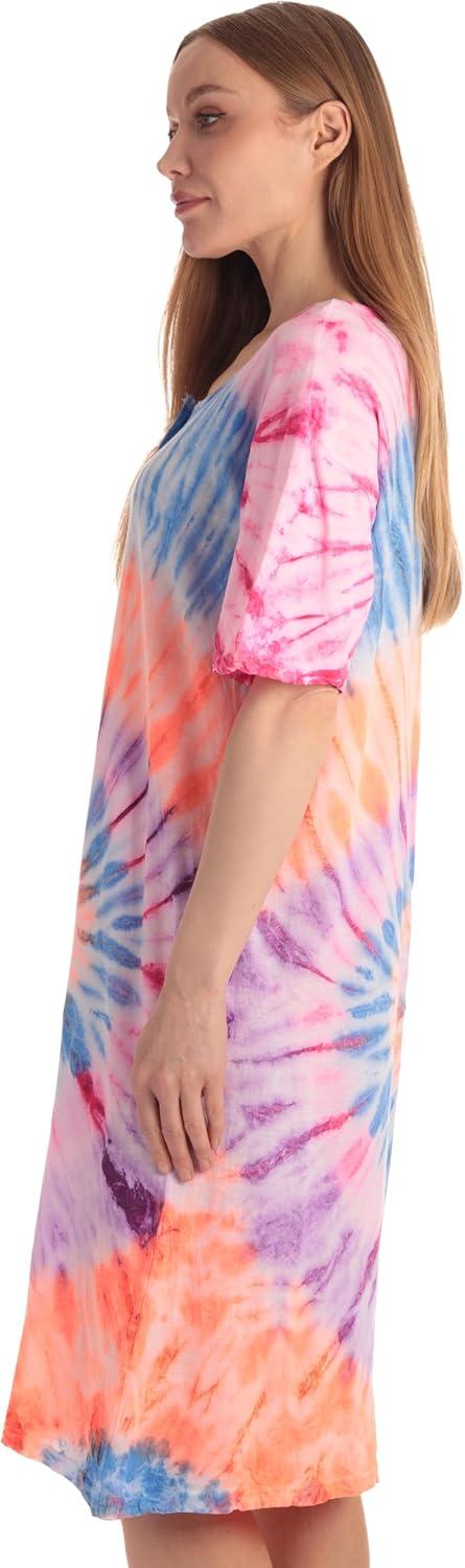 imageJust Love Womens Tie Dye Nightgown 100 Cotton Short Sleeve Henley Sleep ShirtTie Dye Colorful Swirl