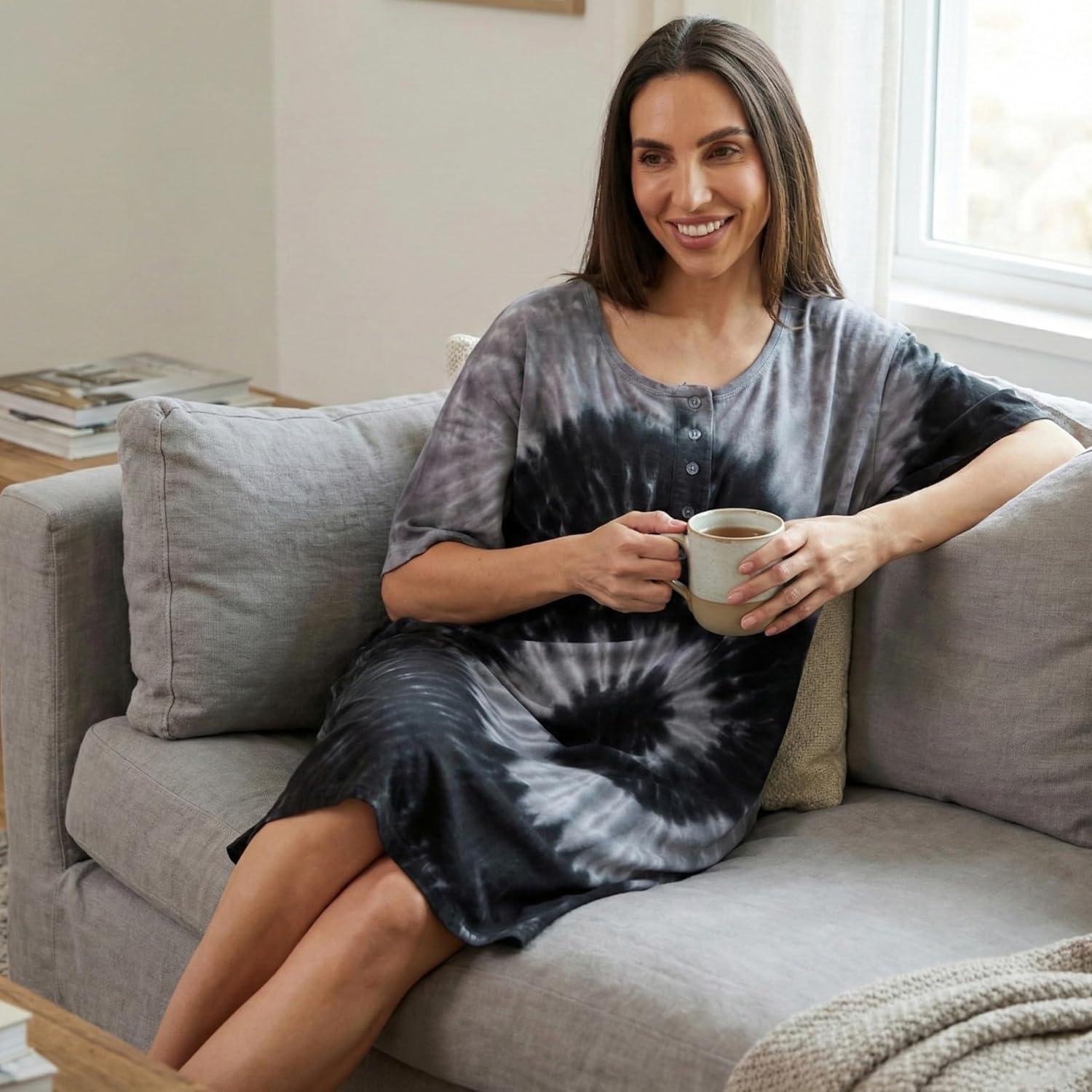 imageJust Love Womens Tie Dye Nightgown 100 Cotton Short Sleeve Henley Sleep ShirtTie Dye Colorful Swirl