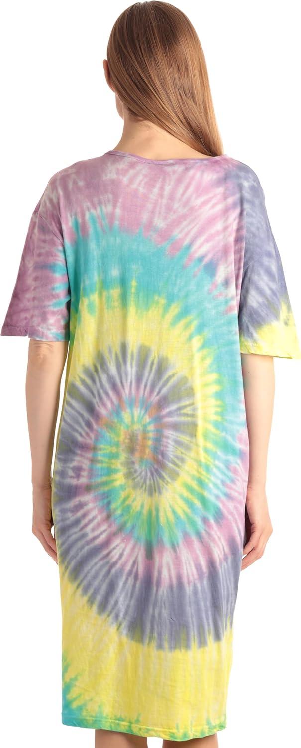 imageJust Love Womens Tie Dye Nightgown 100 Cotton Short Sleeve Henley Sleep ShirtTie Dye Multi Swirl