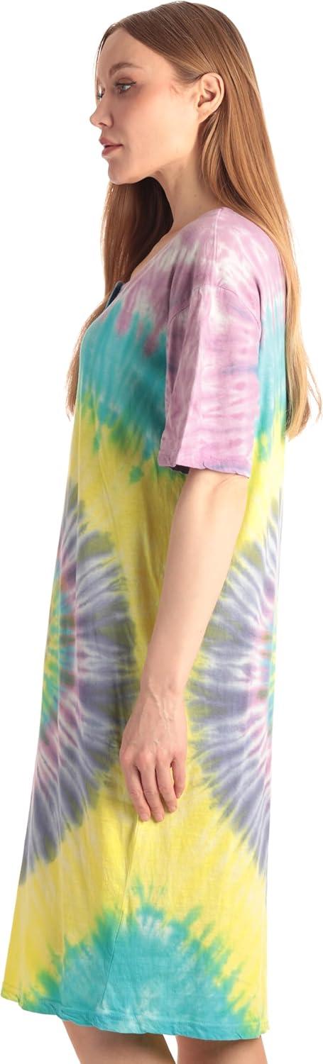 imageJust Love Womens Tie Dye Nightgown 100 Cotton Short Sleeve Henley Sleep ShirtTie Dye Multi Swirl