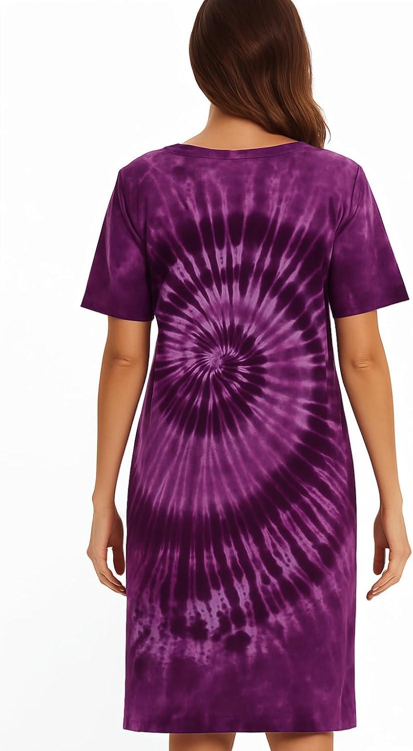 imageJust Love Womens Tie Dye Nightgown 100 Cotton Short Sleeve Henley Sleep ShirtTie Dye Purple Swirl