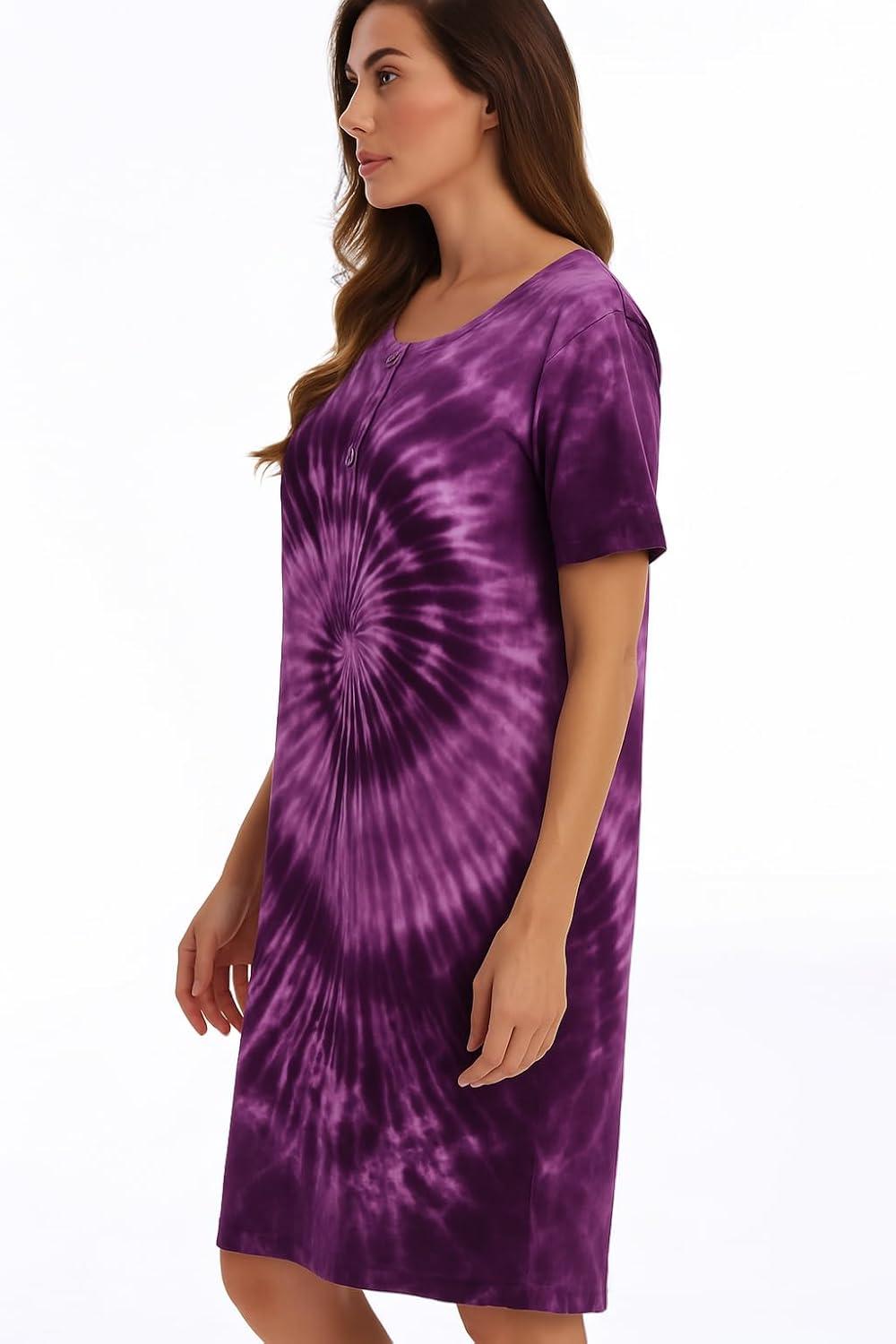 imageJust Love Womens Tie Dye Nightgown 100 Cotton Short Sleeve Henley Sleep ShirtTie Dye Purple Swirl